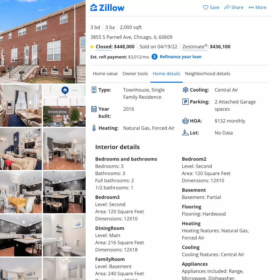 CMA report research from Zillow, square footage, property features