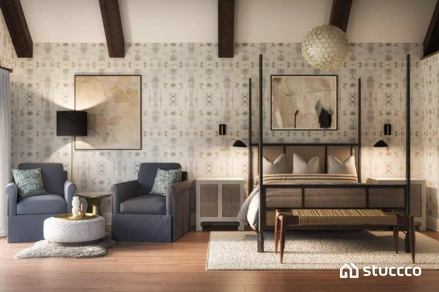 Bedroom decor for the scale and style of space, example of Stuccco design
