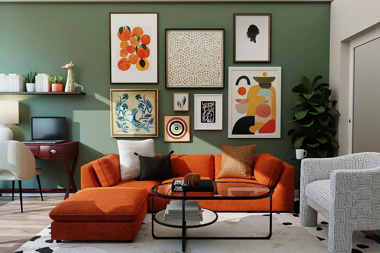 Bold bohemian living room and office