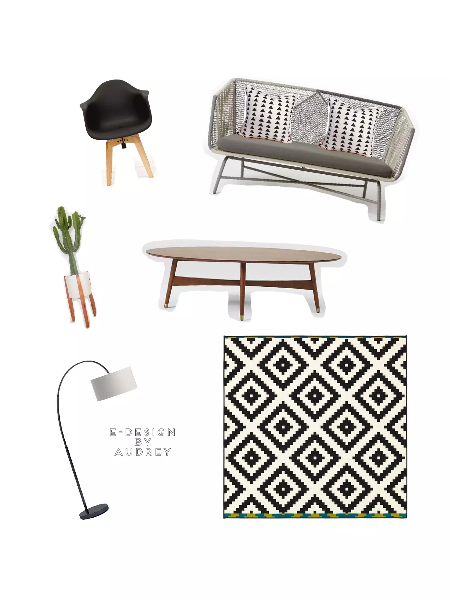 Boho modern living room mood board.