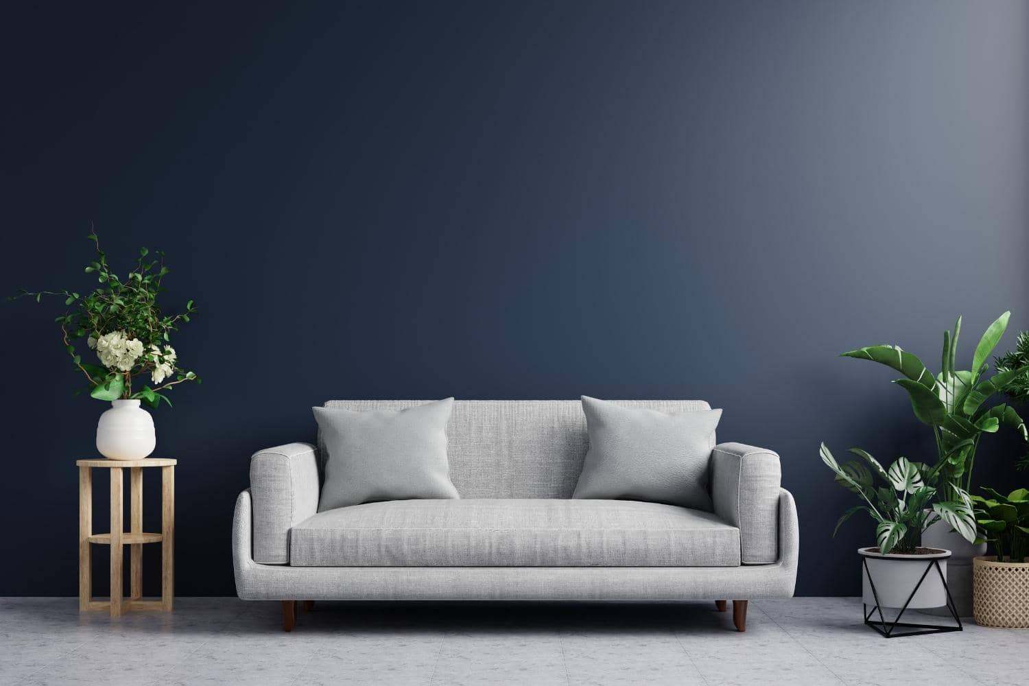 Bold living room paint color, navy walls and neutral decor