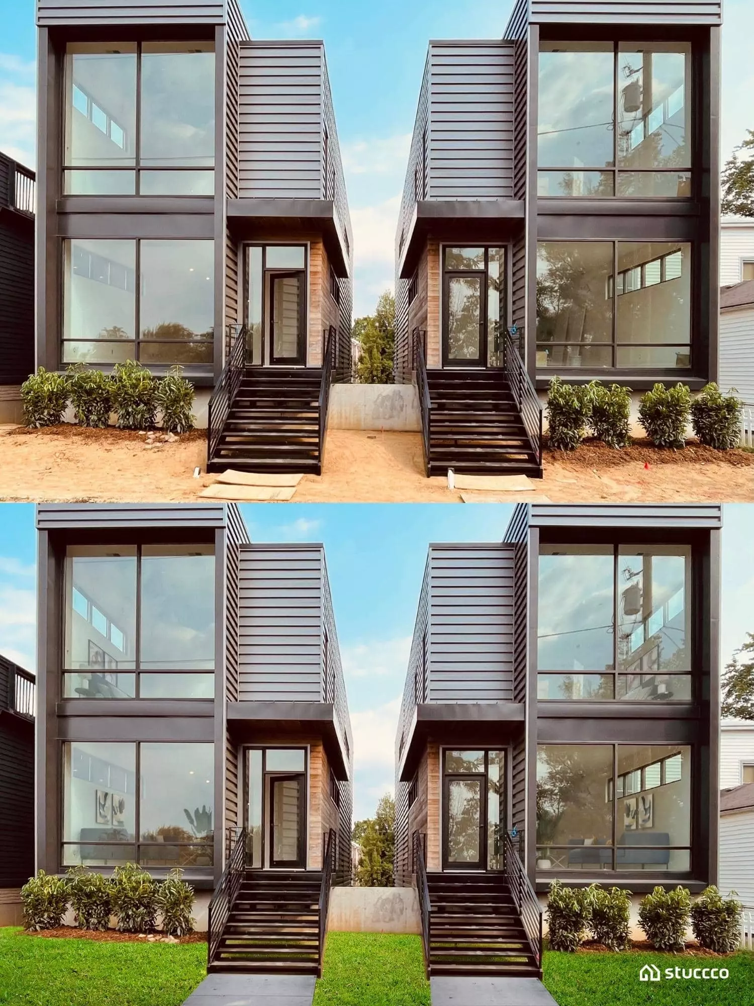 Modern home exterior, before and after virtual landscaping