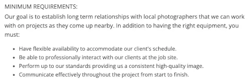 VHT Studios photographer requirements