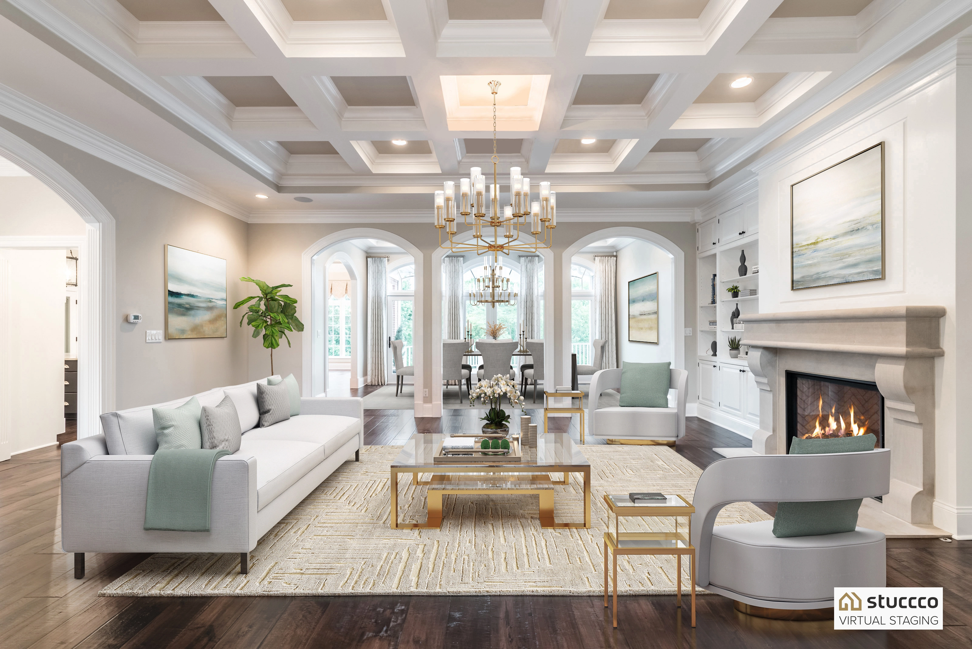 virtually staged luxury living room, room feel spacious