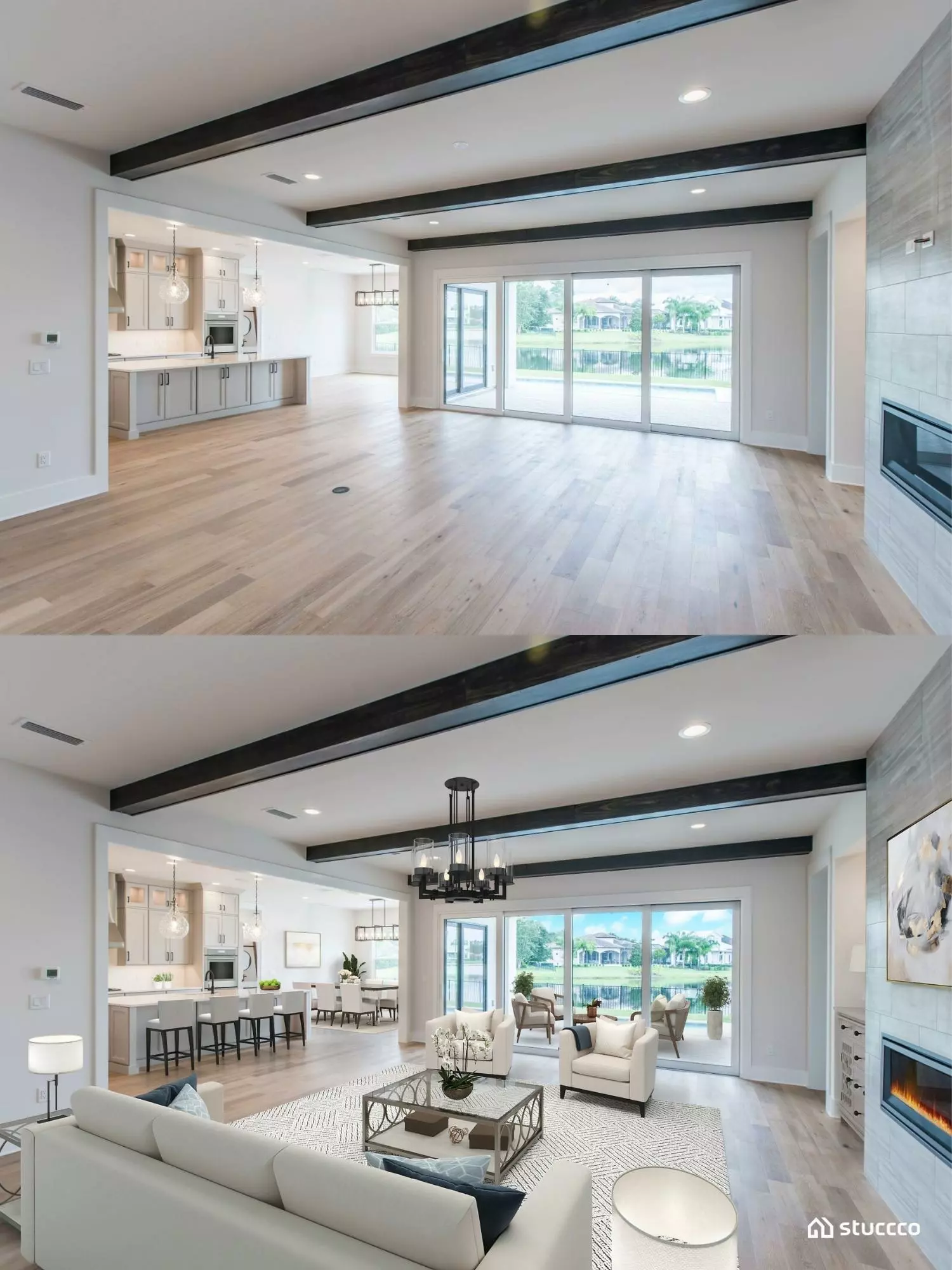 Virtually staged open concept, living and dining area