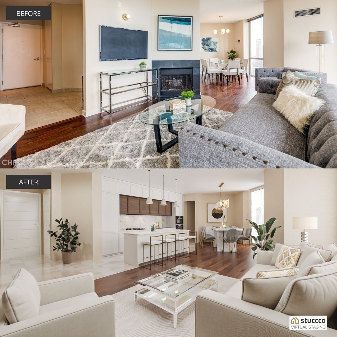 apartment living and dining area before and after home staging