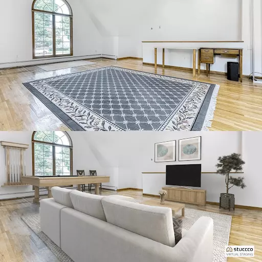 Stuccco virtually staged living room