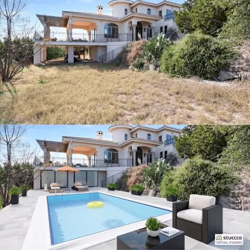 virtually staged home exterior with pool and patio
