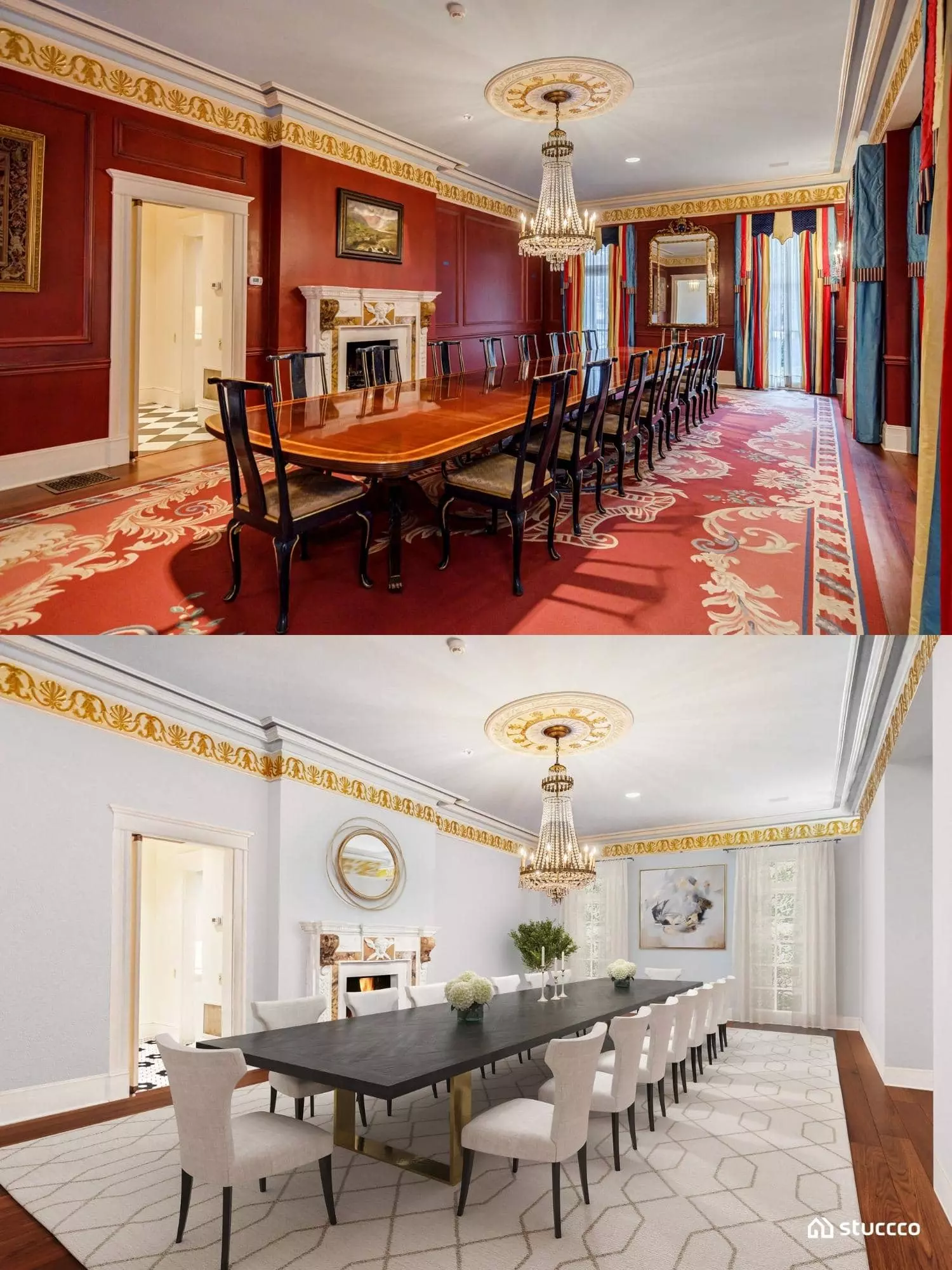 Dining room virtual staging image, before and after