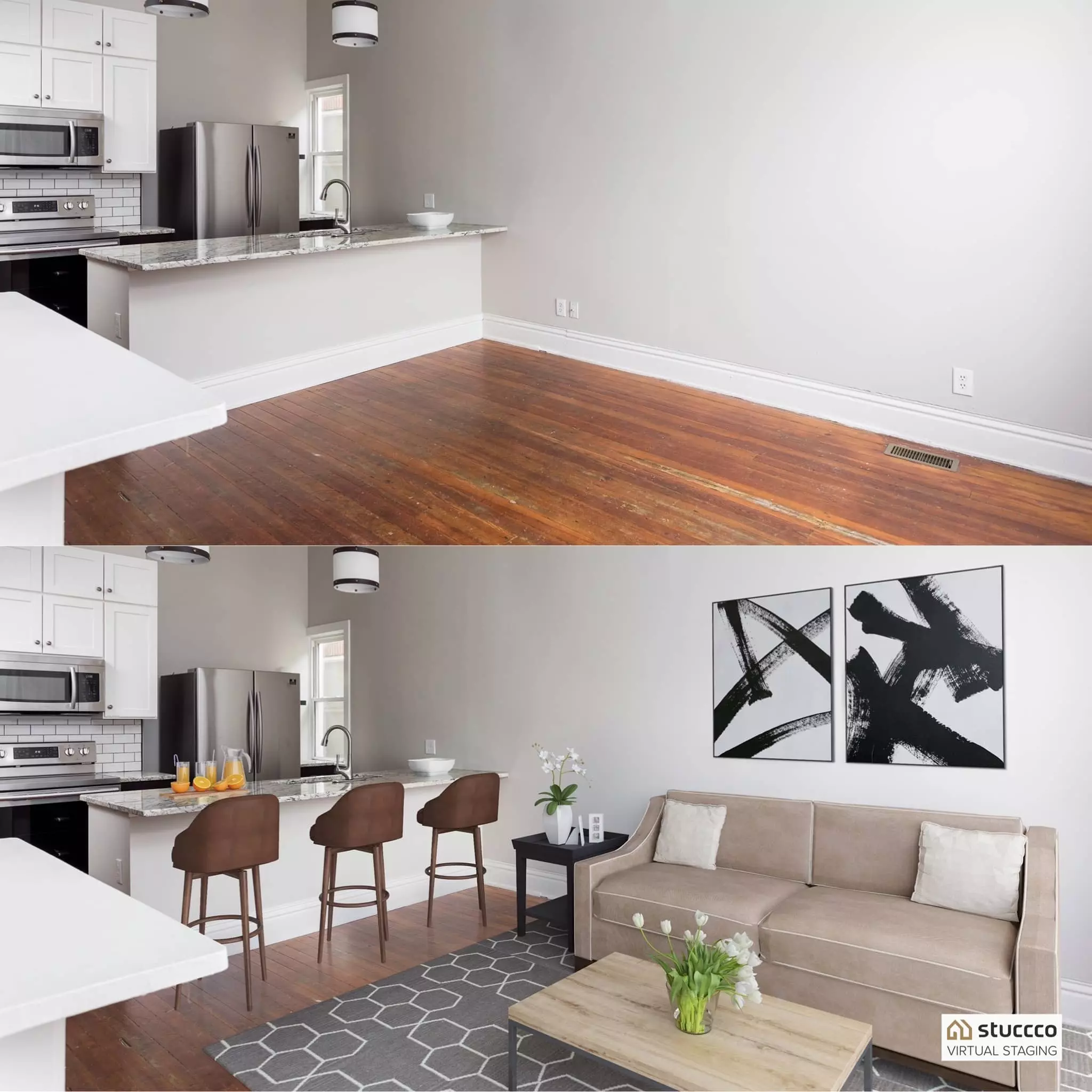 Virtually staged kitchen and dining room example Stuccco