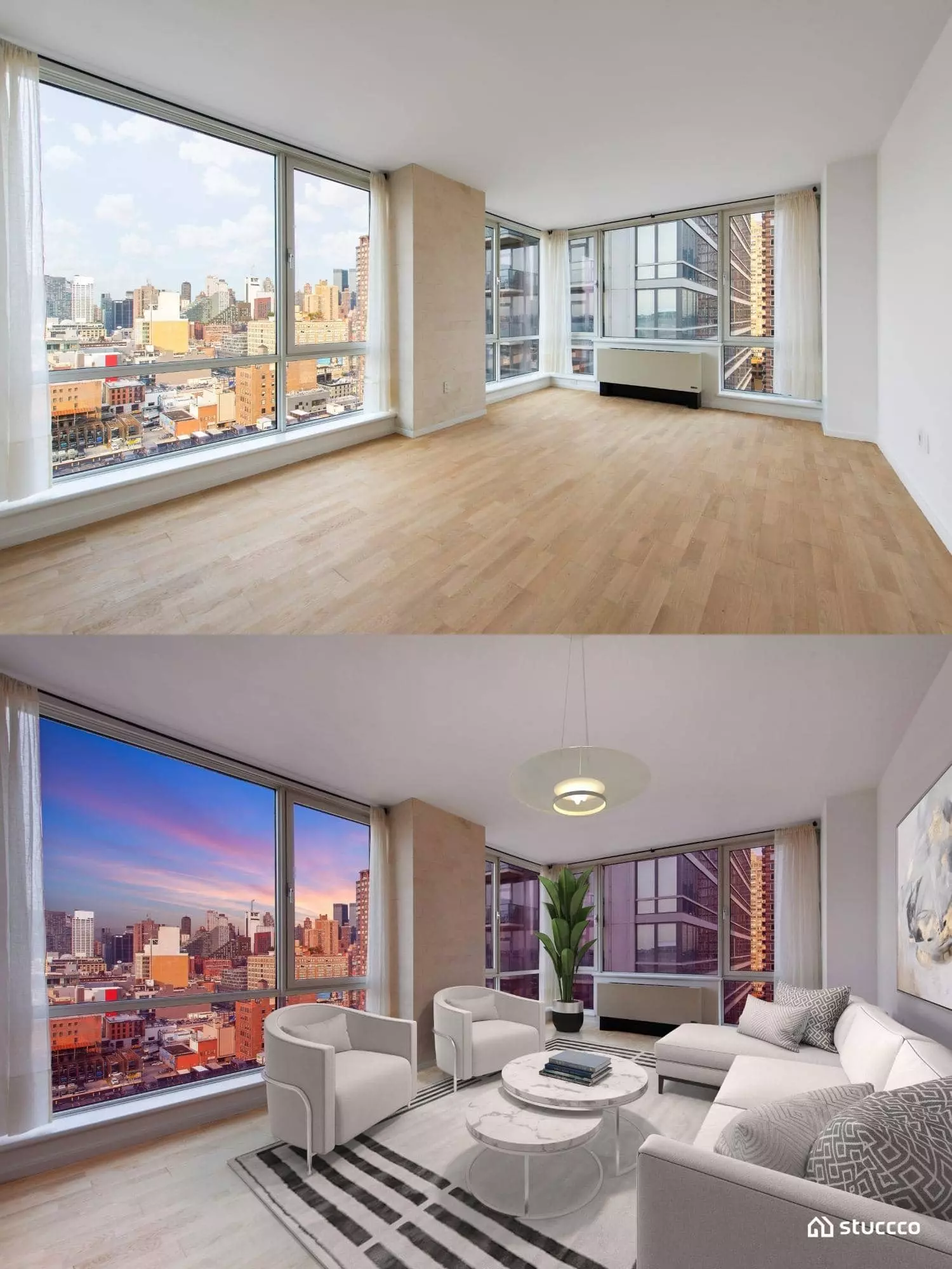 Custom virtual staging work for luxury listings, Stuccco before and after bedroom