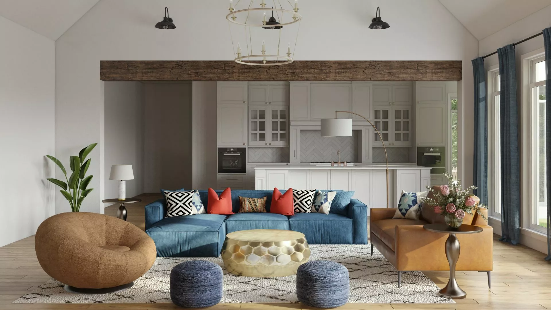 Eclectic Farmhouse living area Stuccco online interior design