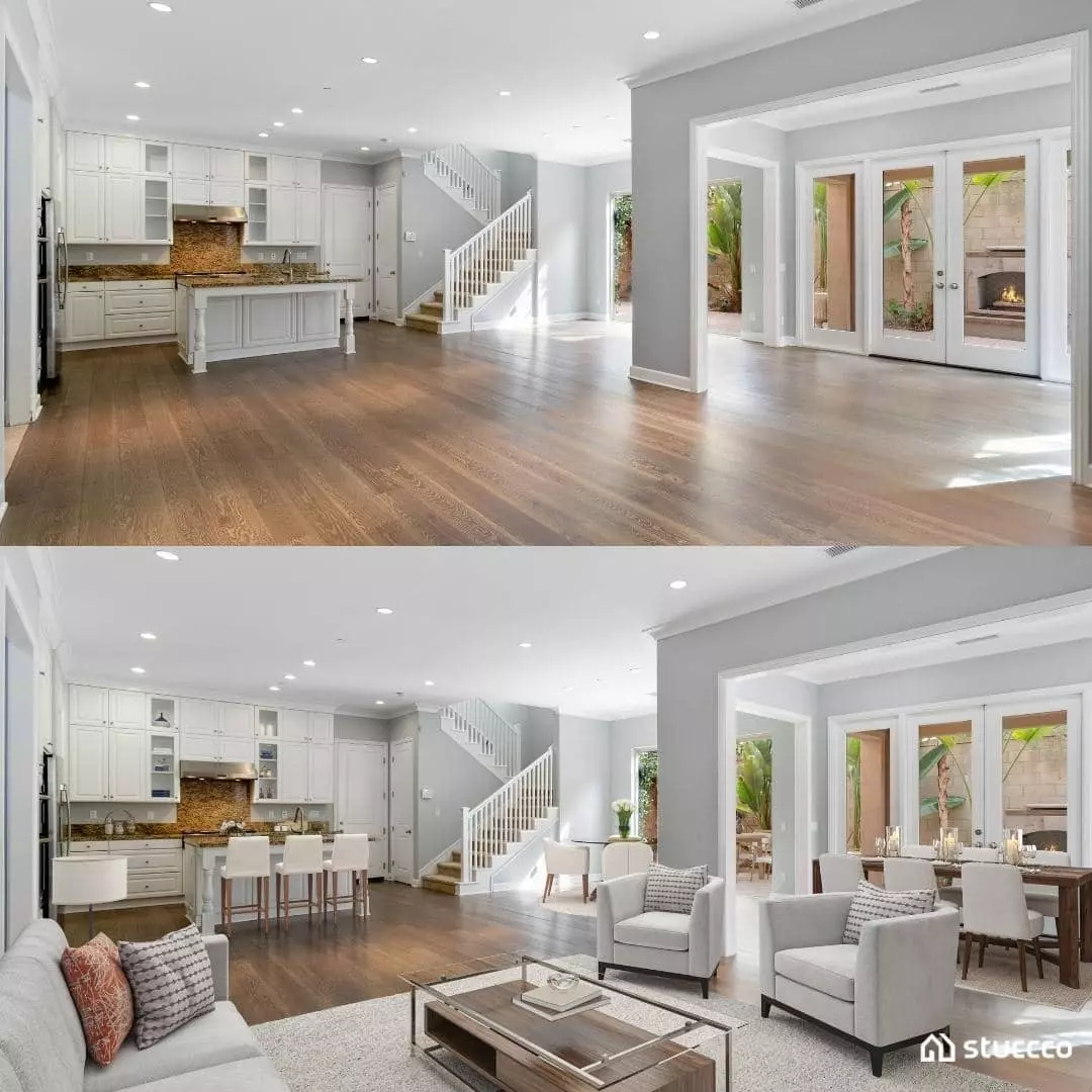 virtually staged open concept living room and kitchen, property listing marketing strategy