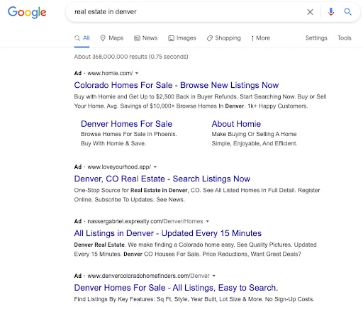 real estate Google ads example