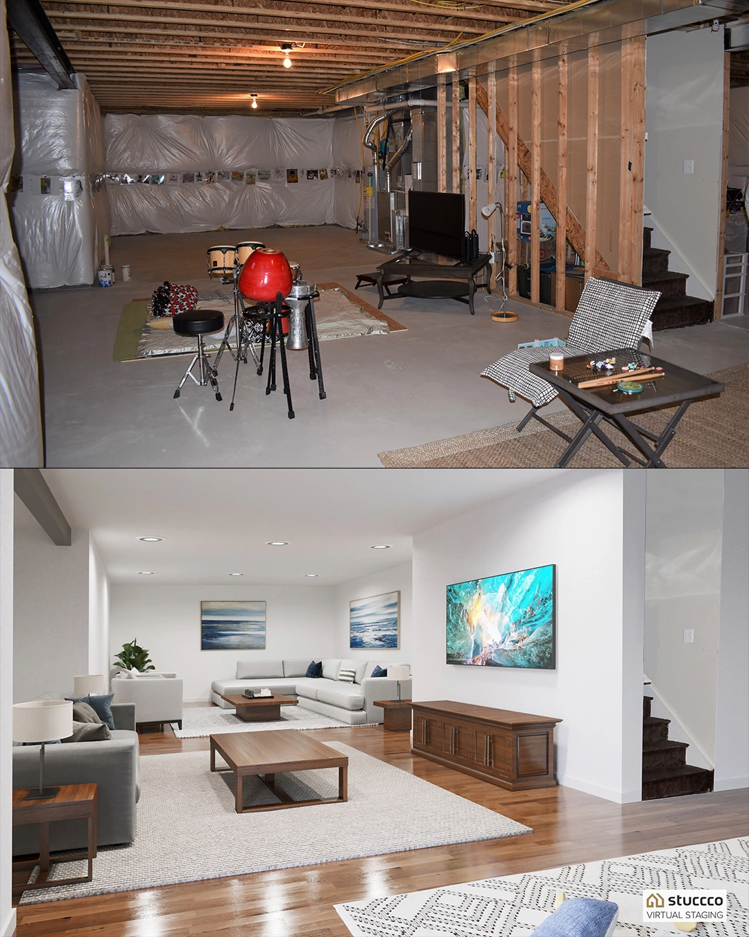 Basement Photo Virtually Renovated by Stuccco