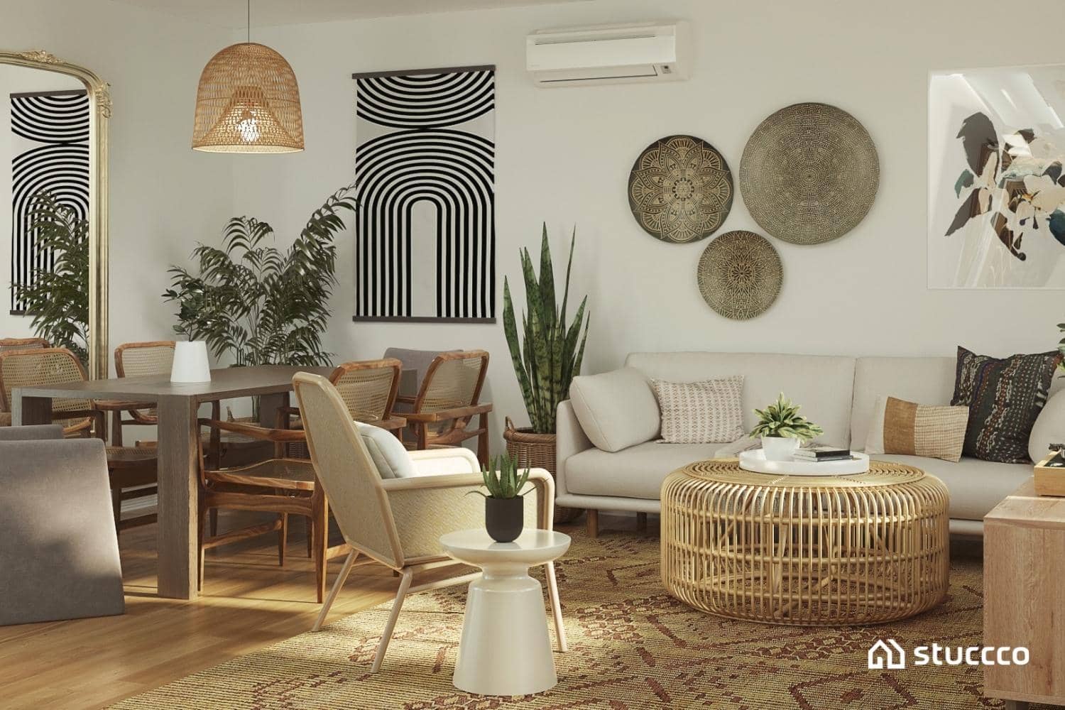 Stuccco online interior design example, neutral space and area rug, bohemian