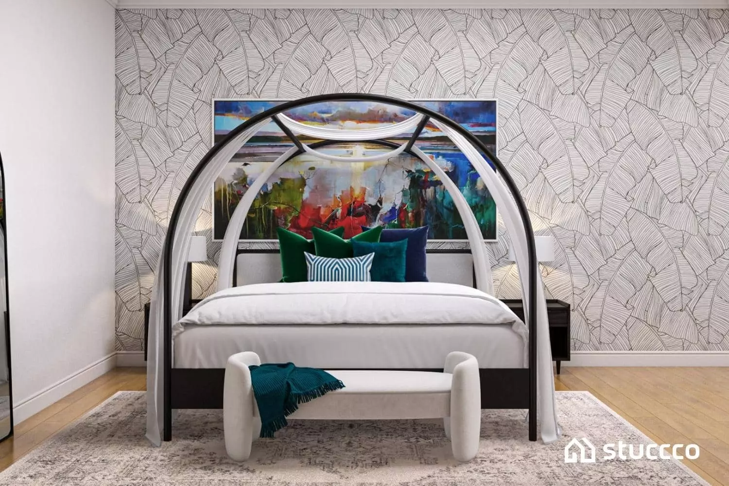 Bedding and wallpaper in Stuccco online interior design bedroom
