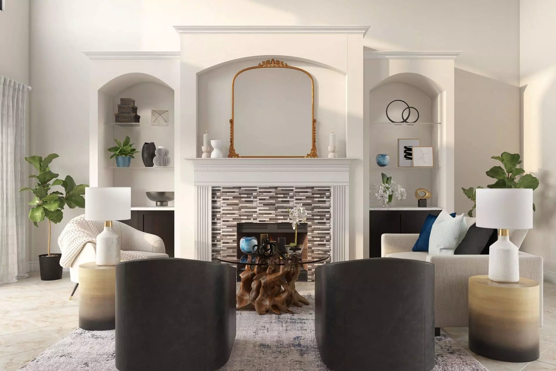 Mid-century modern glam living area Stuccco online interior design