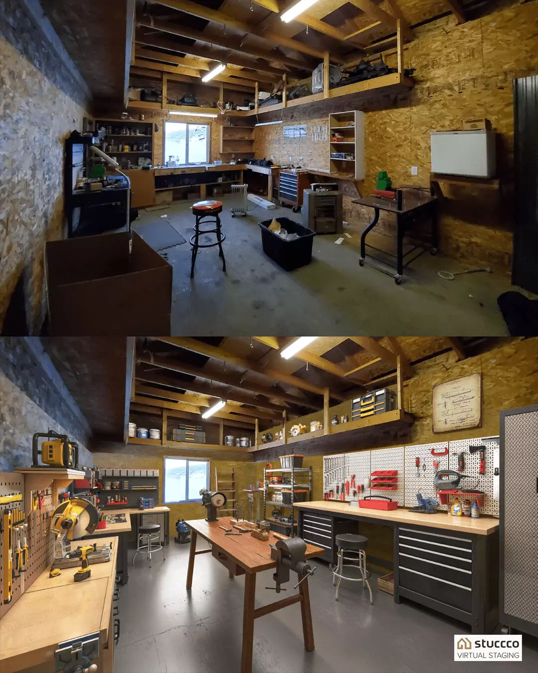Virtually staged garage from Stuccco