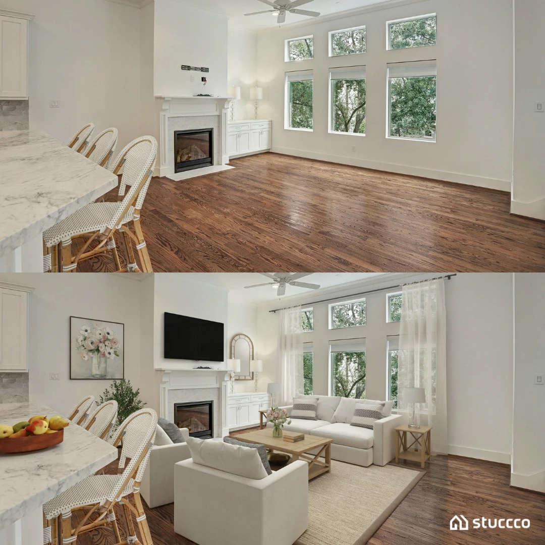 Stuccco living room virtually staged